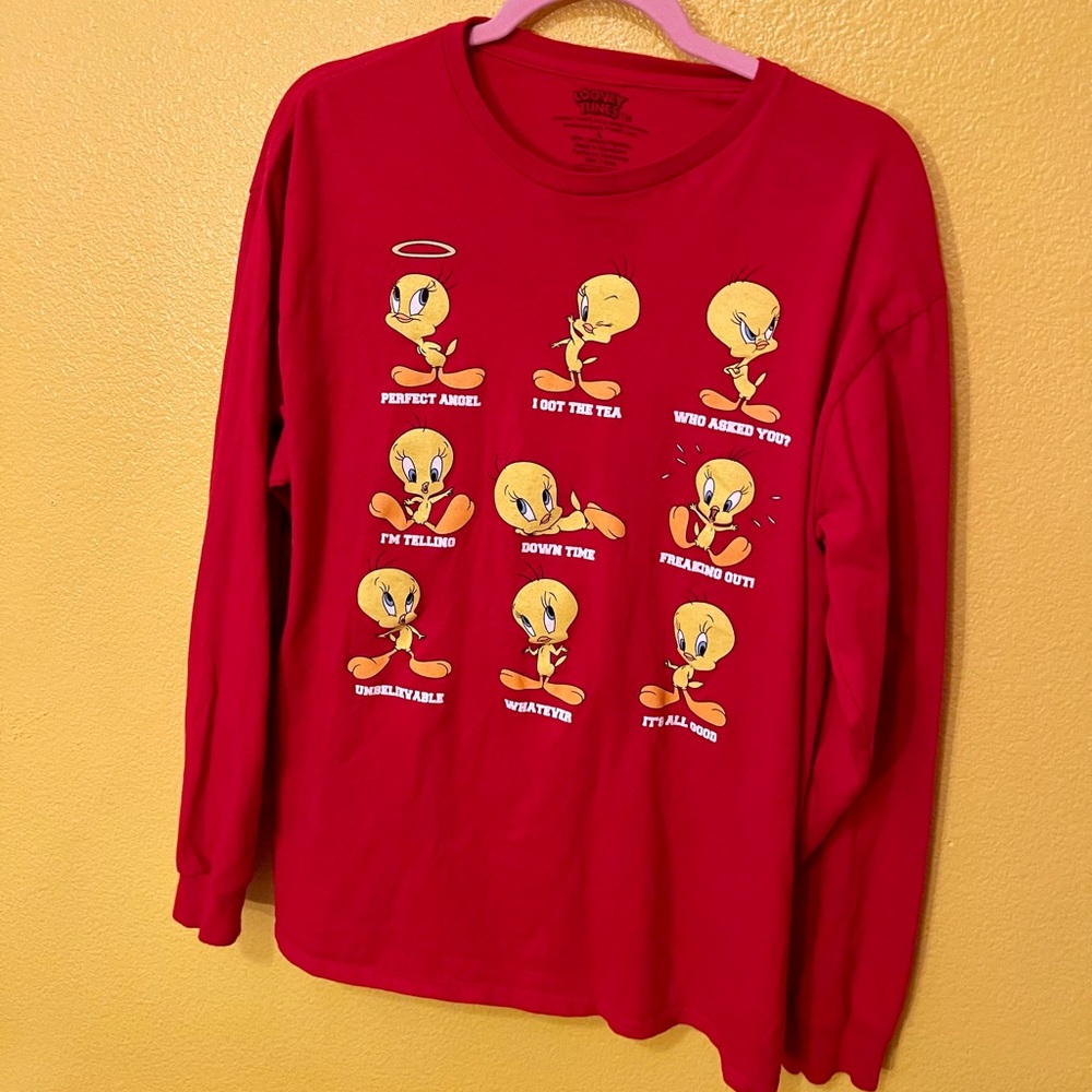 red long sleeve oversized “looney toons” shirt
